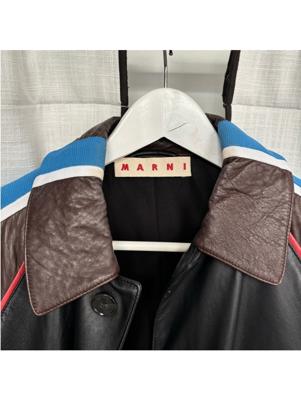 Marni Black Leather Jacket with Red and Blue Piping